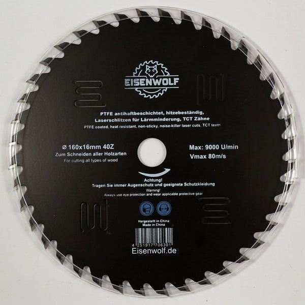 160x16 mm saw blade, circular saw blade for wood with 40 tilted TCT teeth, PTFE non-stick coating and laser cuts for noise reduction 