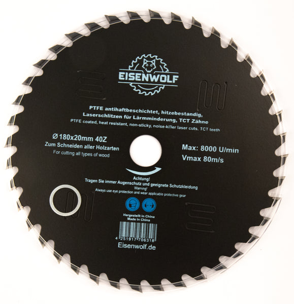 180x20 mm saw blade, circular saw blade for wood with 40 tilted TCT teeth, PTFE non-stick coating and laser cuts for noise reduction 