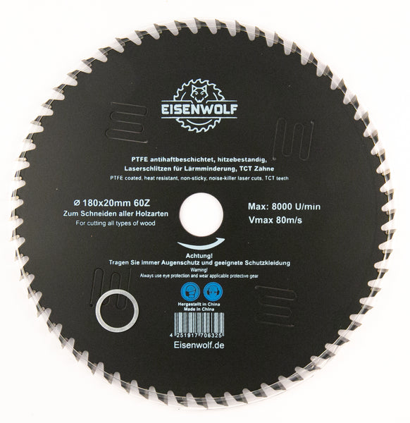 180x20 mm saw blade, circular saw blade for wood with 60 tilted TCT teeth, PTFE non-stick coating and laser cuts for noise reduction 