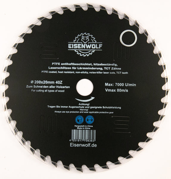 200x20 mm saw blade, circular saw blade for wood with 40 tilted TCT teeth, PTFE non-stick coating and laser cuts for noise reduction 